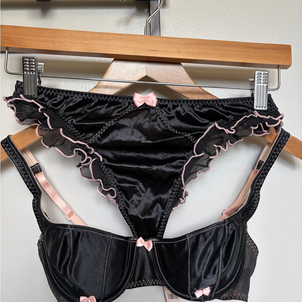 Victoria's Secret Black Satin Bikini Panty with Pink Trim